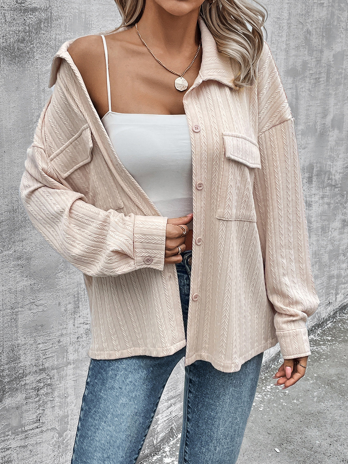 Pocketed Button Up Dropped Shoulder Jacket-Angel Casuals
