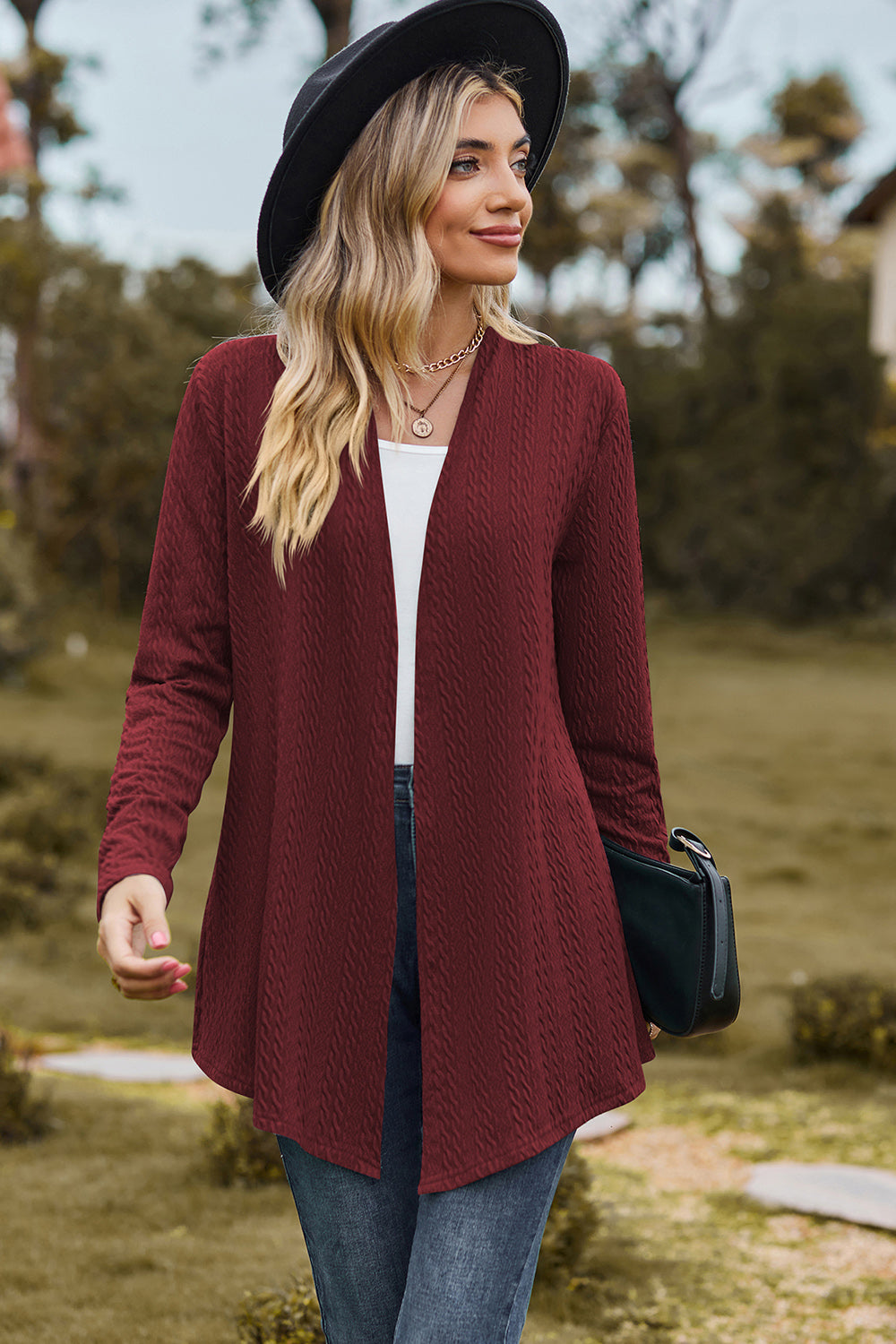 Textured Open Front Long Sleeve Cardigan-Angel Casuals