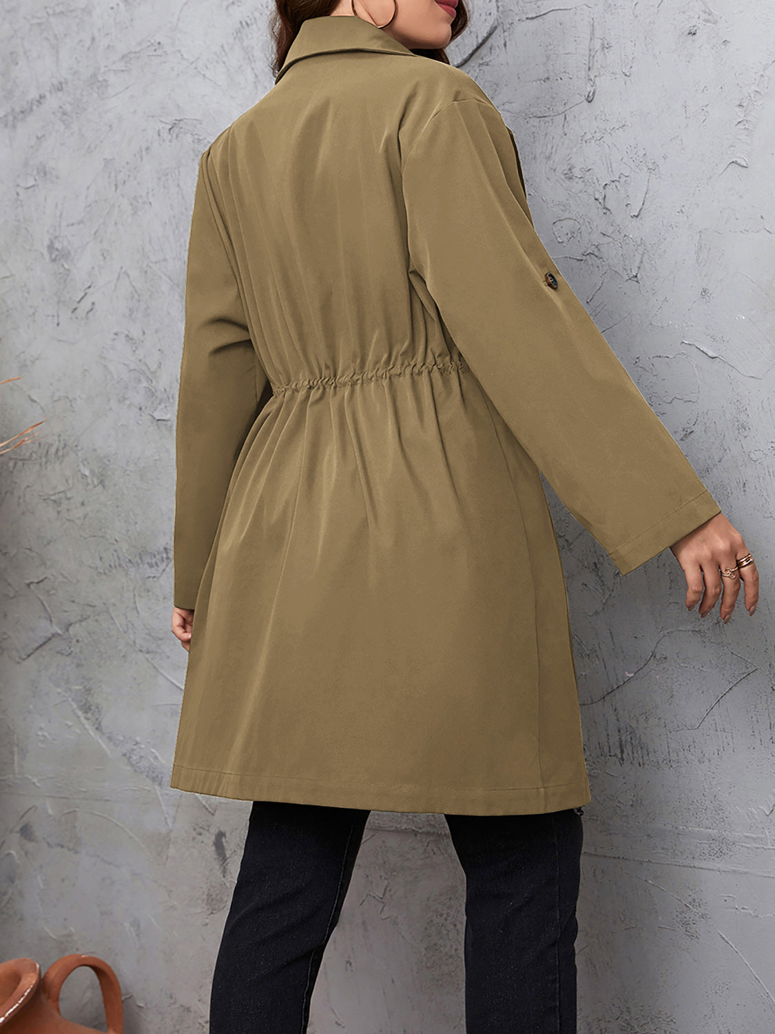 Honey Plus Size Lapel Collar Drawstring Roll-Tab Sleeve Trench Coat-Angel Casuals
