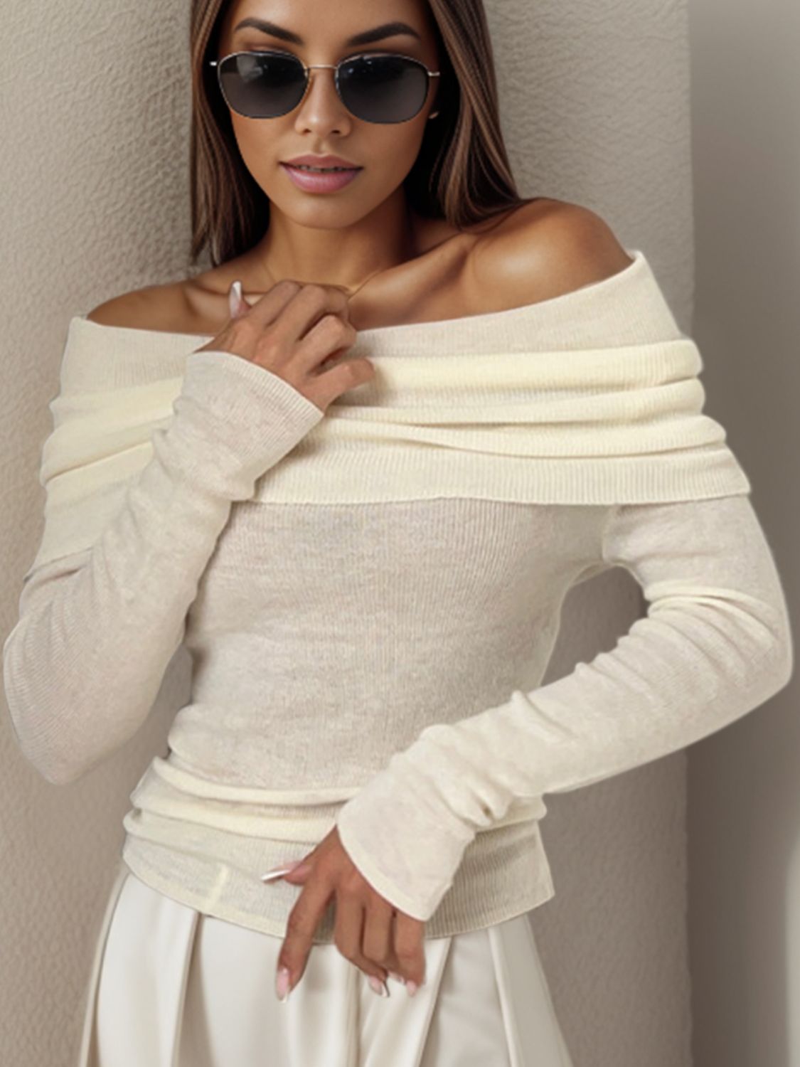 Off-Shoulder Long Sleeve Sweater-Angel Casuals