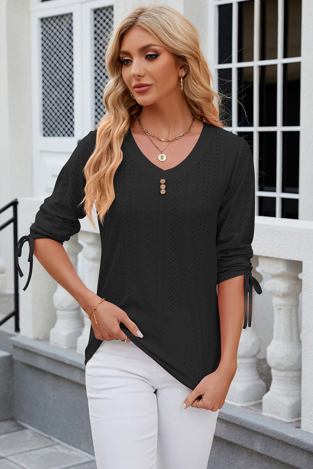 Eyelet Drawstring V-Neck Half Sleeve T-Shirt-Angel Casuals