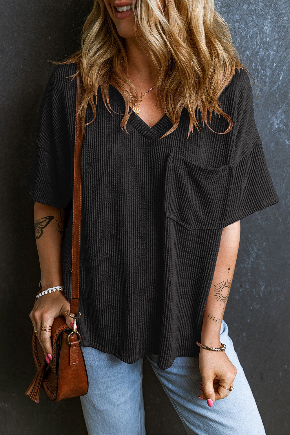 Textured V-Neck Dropped Shoulder T-Shirt-Angel Casuals