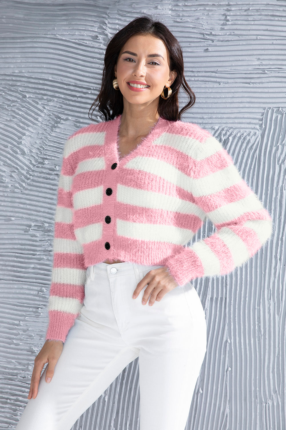 Striped Button Up Cropped Cardigan-Angel Casuals
