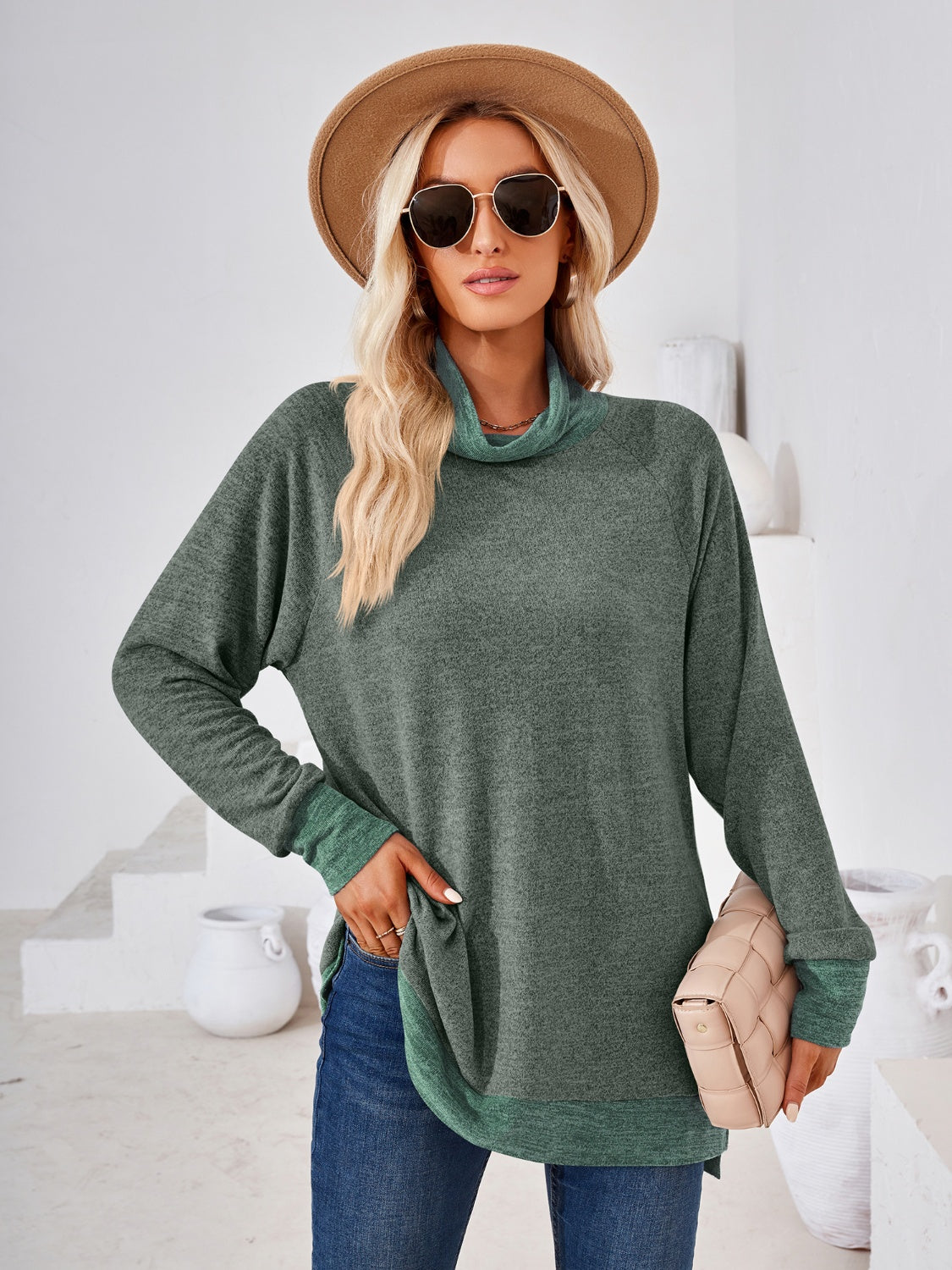 Contrast Mock Neck Long Sleeve T-Shirt-Angel Casuals