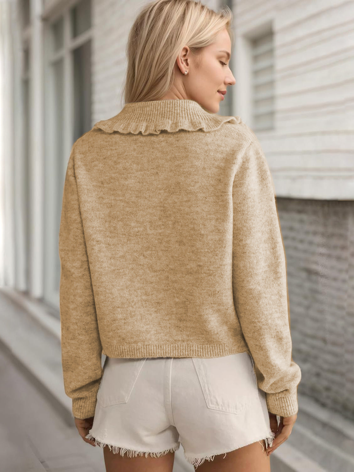 Frill Button Up Collared Neck Long Sleeve Cardigan-Angel Casuals