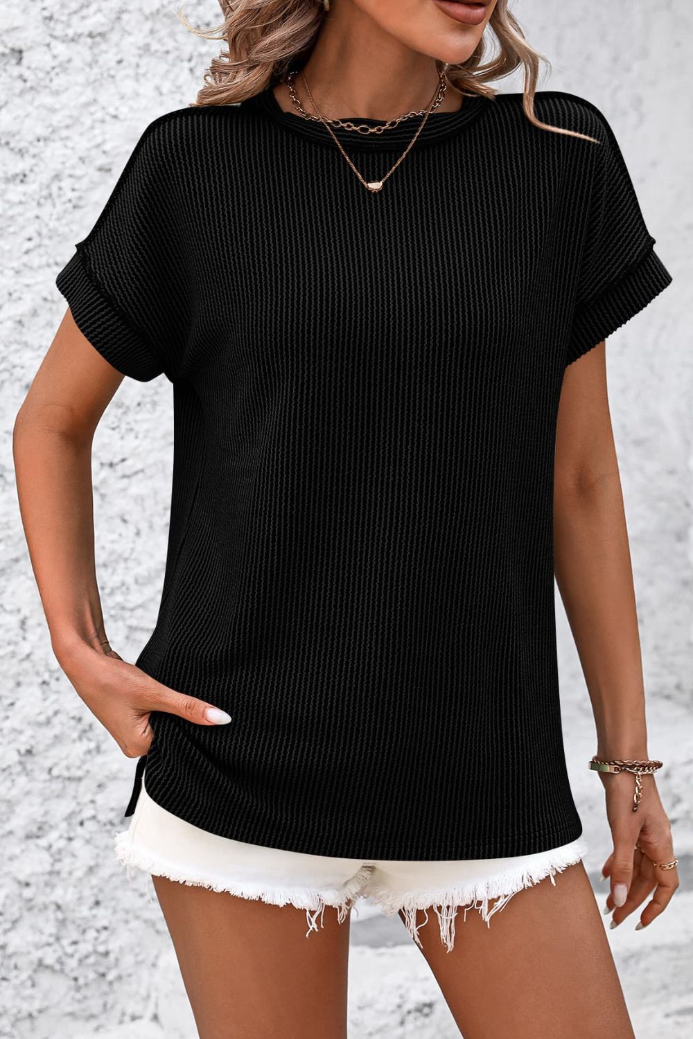 Striped Round Neck Short Sleeve T-Shirt-Angel Casuals