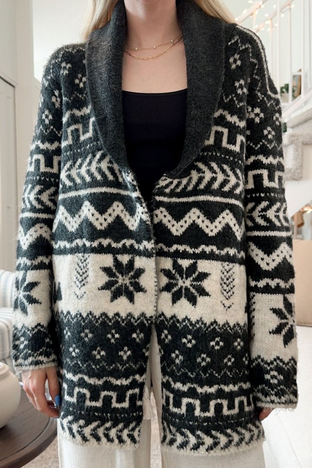 Snowflakes Collared Neck Long Sleeve Cardigan-Angel Casuals