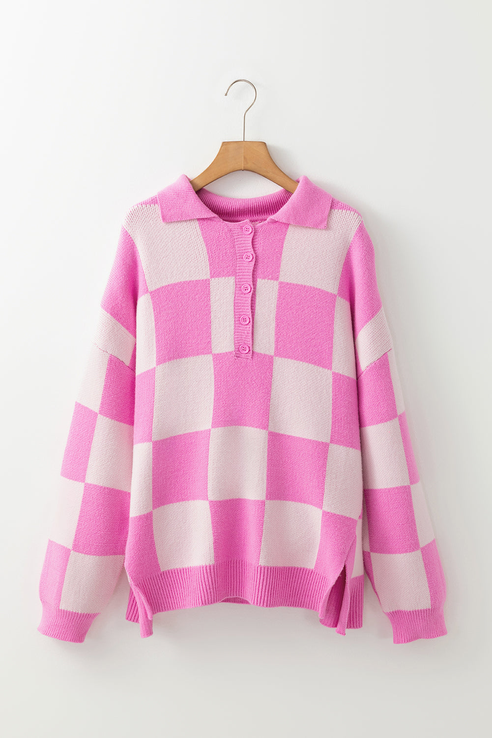 Slit Checkered Half Button Long Sleeve Sweater-Angel Casuals
