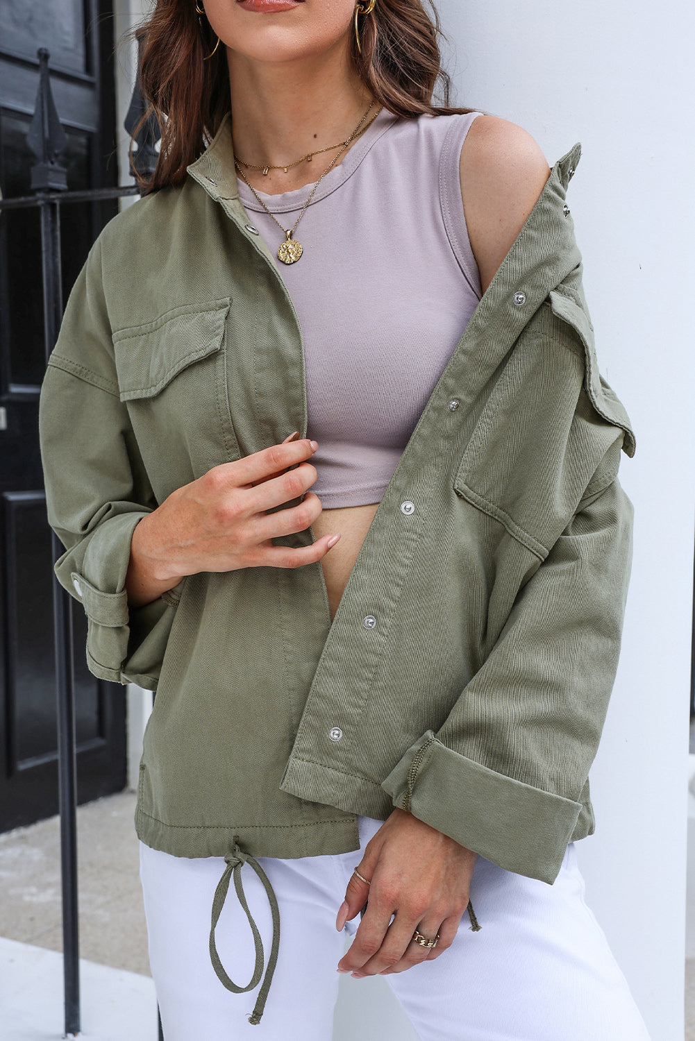 Drawstring Snap Down Dropped Shoulder Denim Jacket-Angel Casuals