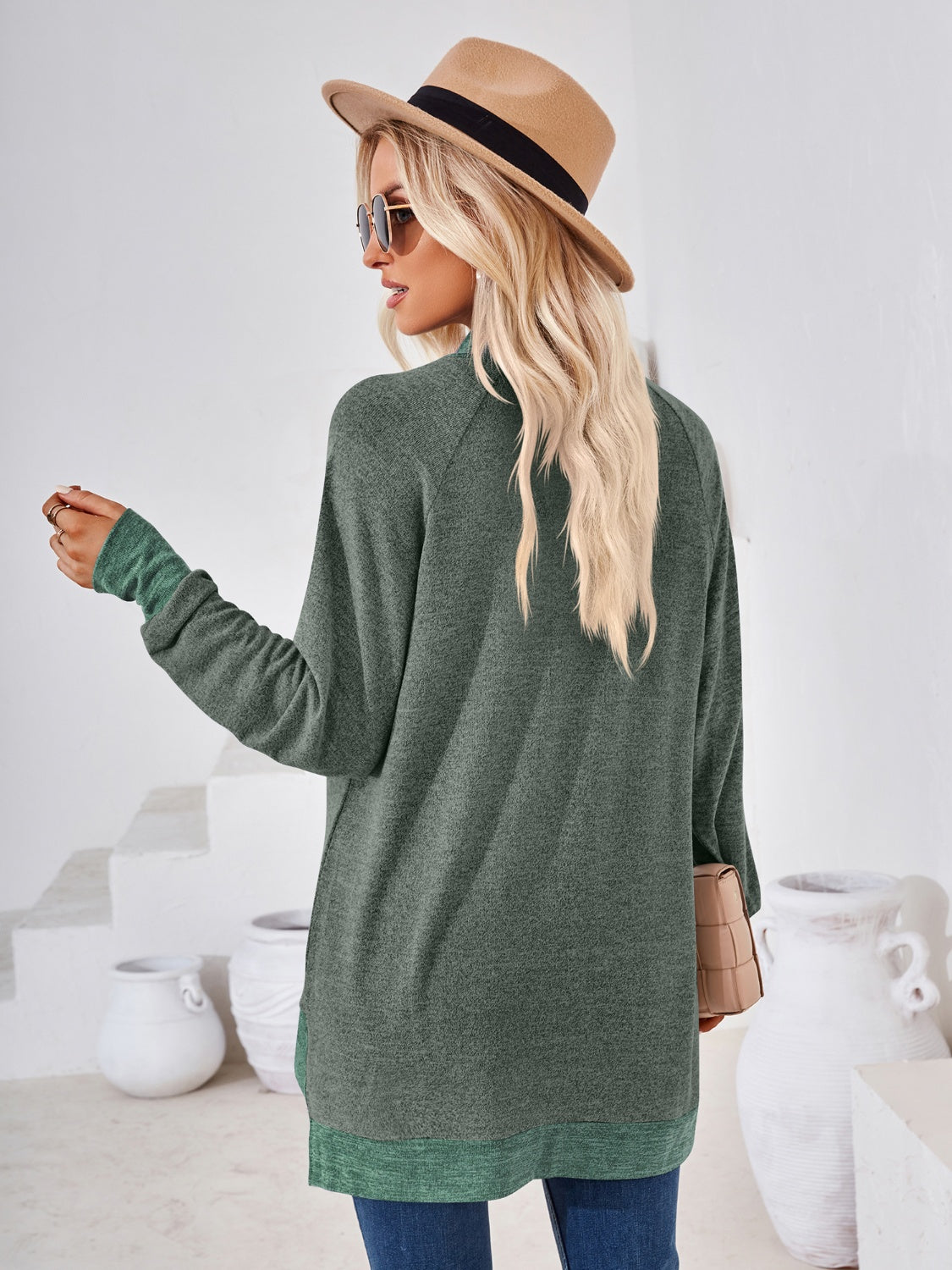 Contrast Mock Neck Long Sleeve T-Shirt-Angel Casuals