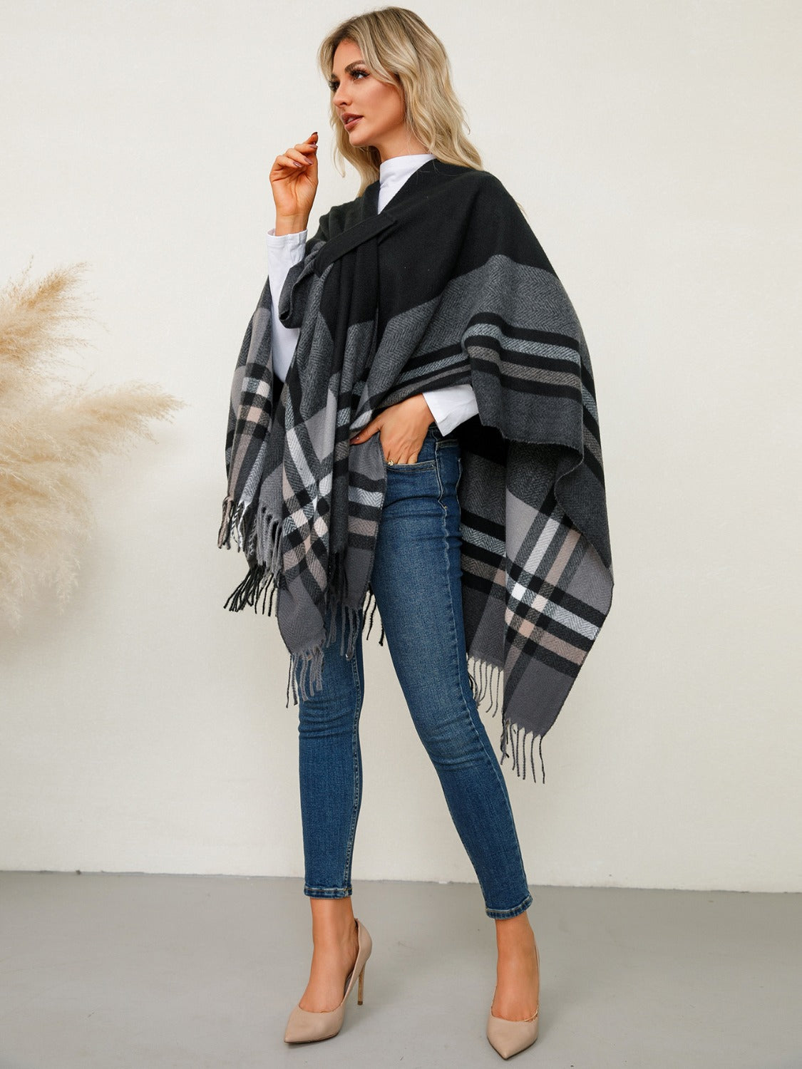 Fringe Contrast Plaid Poncho-Angel Casuals