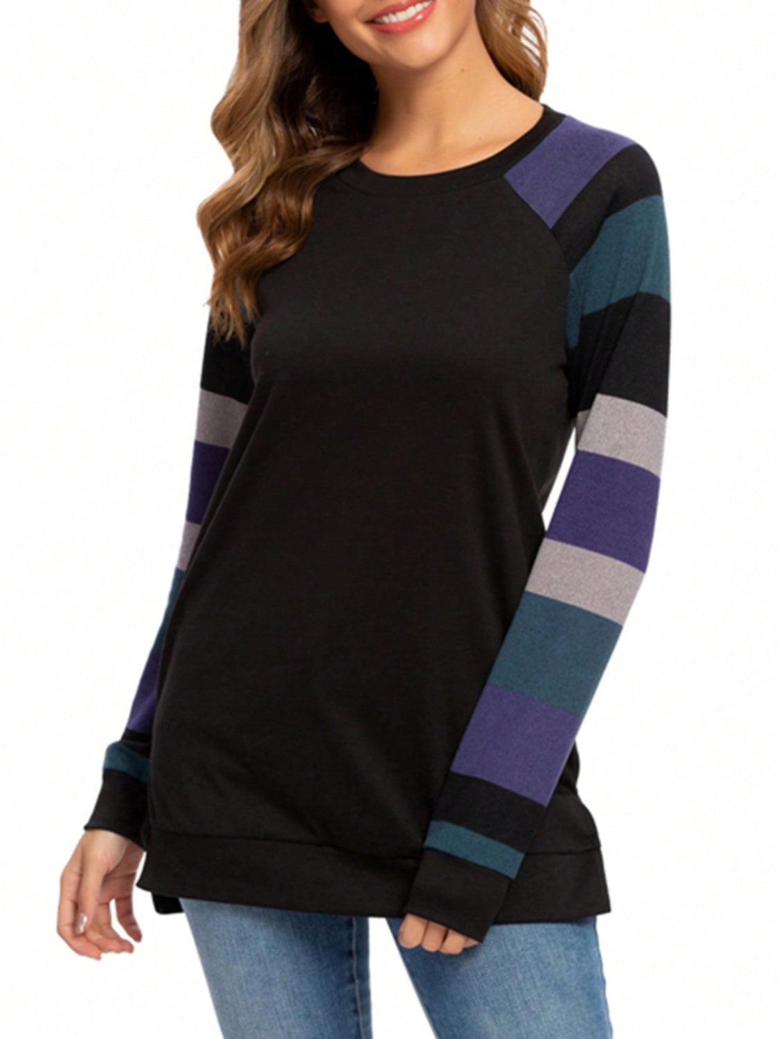 Color Block Round Neck Long Sleeve T-Shirt-Angel Casuals