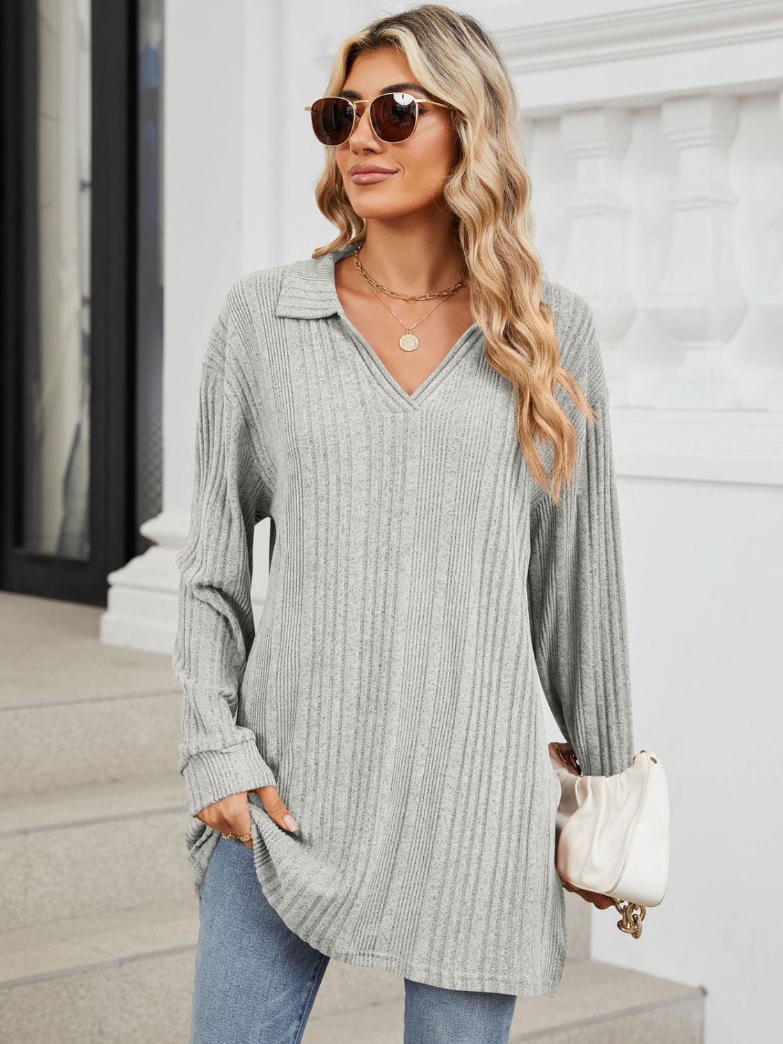 Slit Johnny Collar Long Sleeve T-Shirt-Angel Casuals