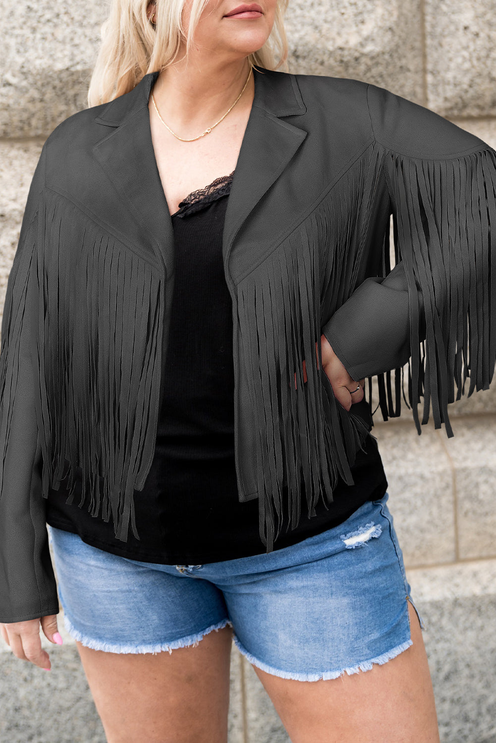 Plus Size Fringe Open Front Jacket-Angel Casuals