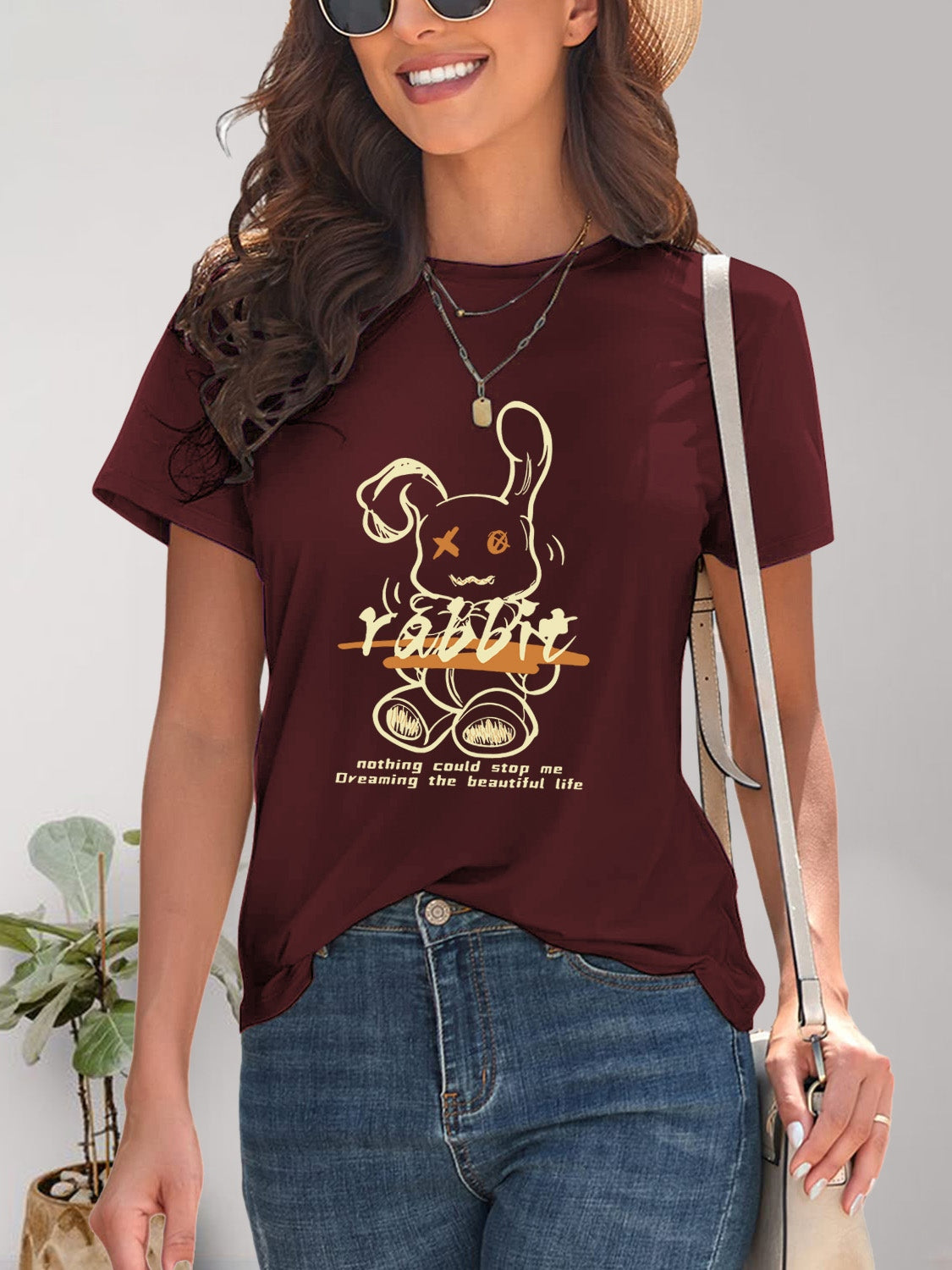 Rabbit Graphic Round Neck Short Sleeve T-Shirt-Angel Casuals