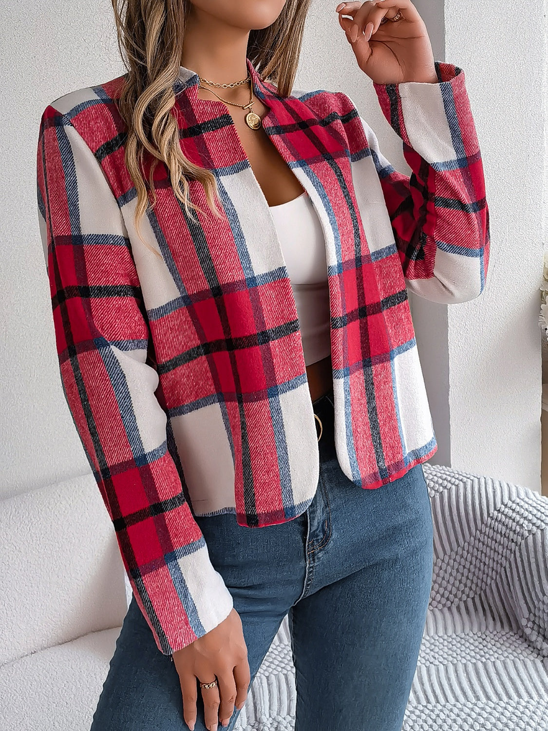 Plaid Open Front Long Sleeve Jacket-Angel Casuals