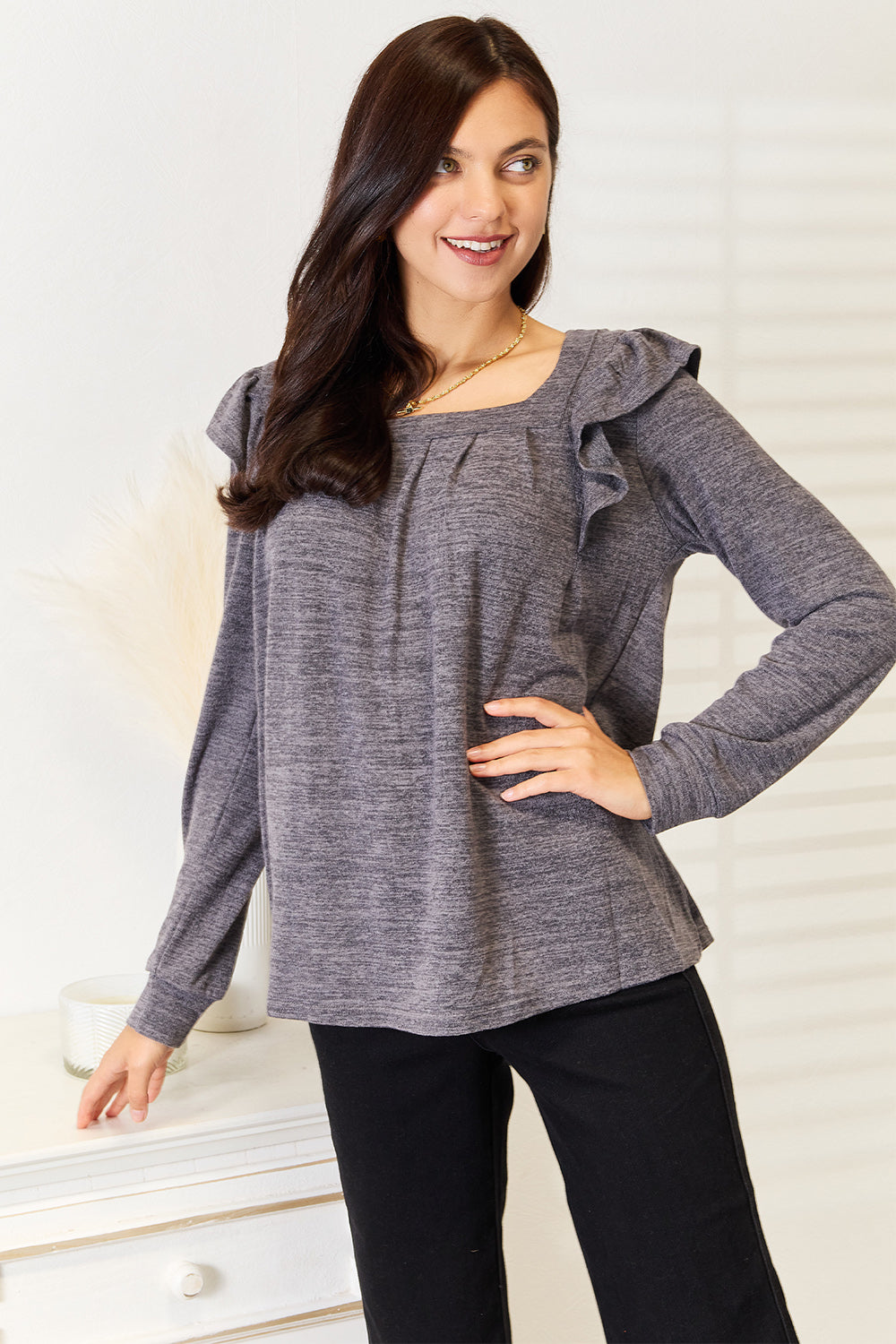 Double Take Square Neck Ruffle Shoulder Long Sleeve T-Shirt-Angel Casuals