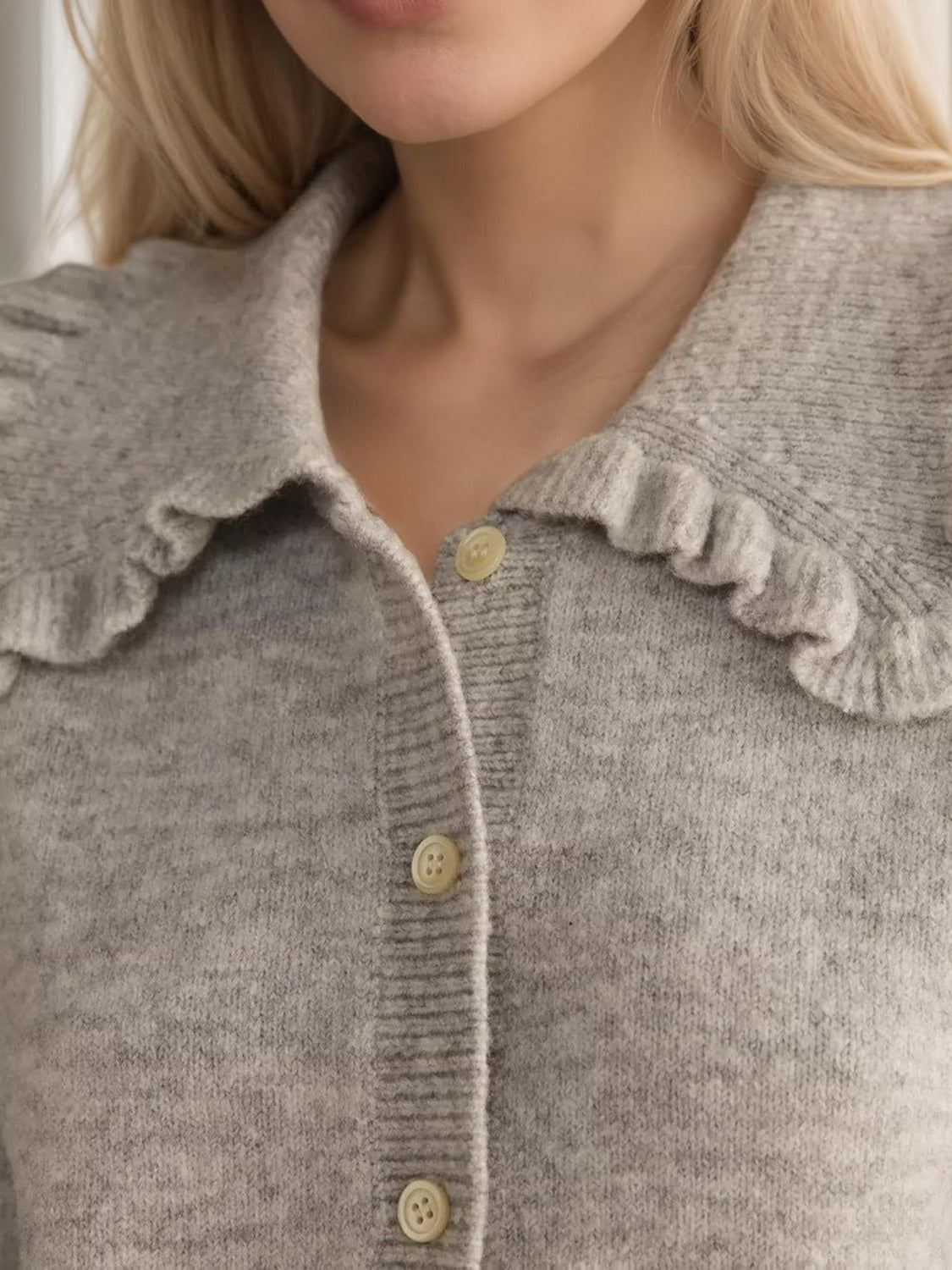 Frill Button Up Collared Neck Long Sleeve Cardigan-Angel Casuals