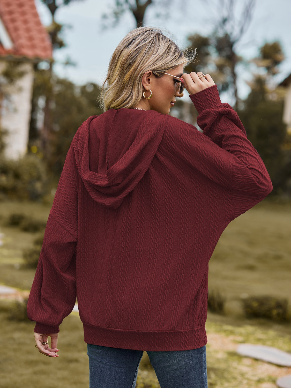 Zip Up Drawstring Long Sleeve Hooded Jacket-Angel Casuals