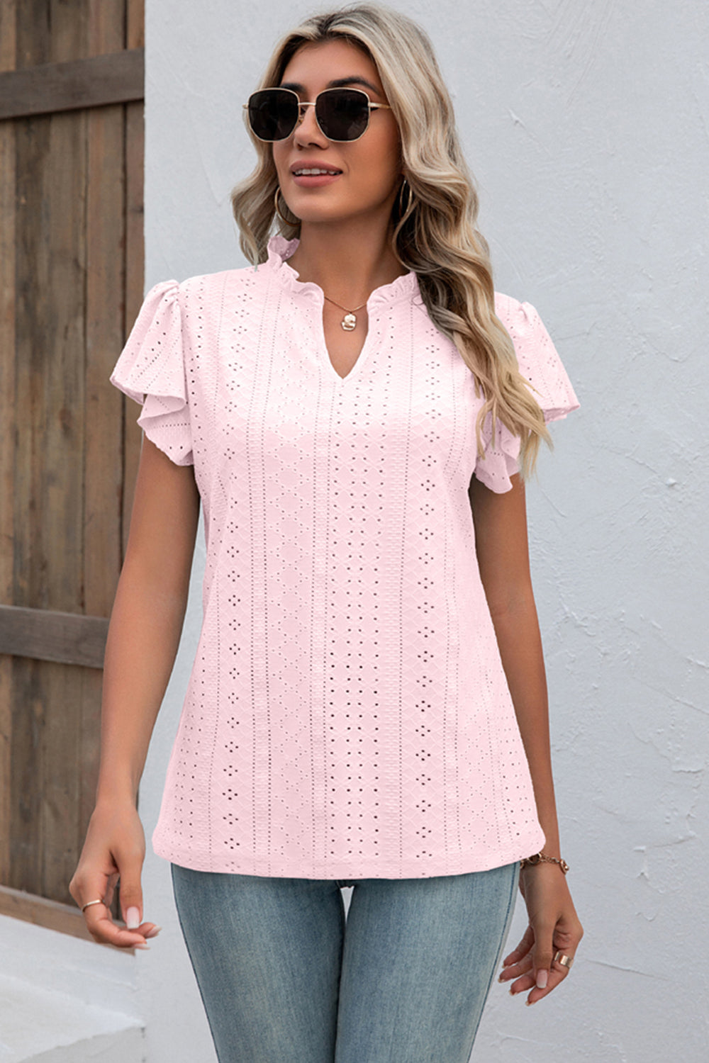 Eyelet Notched Flutter Sleeve T-Shirt-Angel Casuals