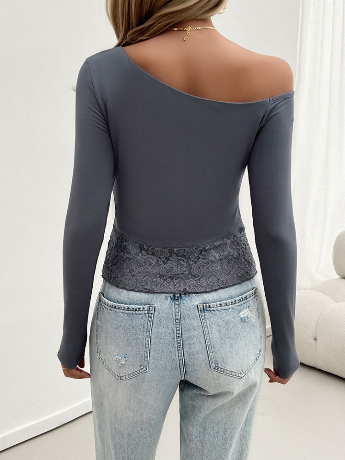 Devine Single Shoulder Long Sleeve Lace T-Shirt-Angel Casuals