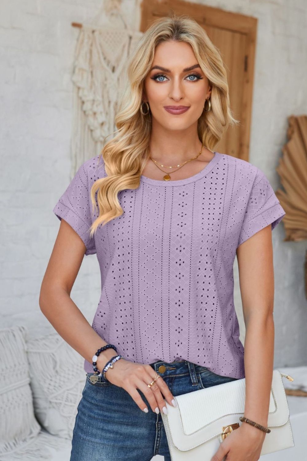 Eyelet Round Neck Rolled Short Sleeve T-Shirt-Angel Casuals