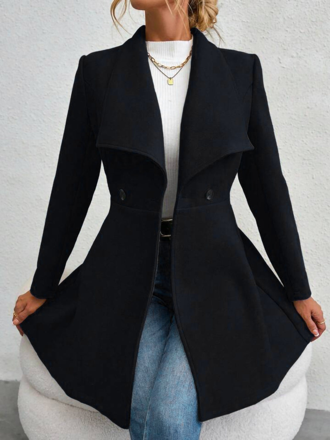 Collared Neck Button Up Long Sleeve Coat-Angel Casuals