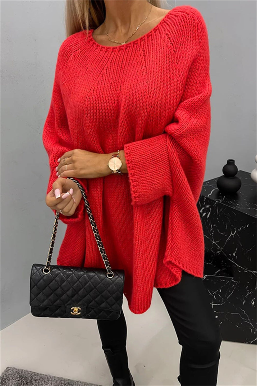 Round Neck Batwing Sleeve Sweater-Angel Casuals