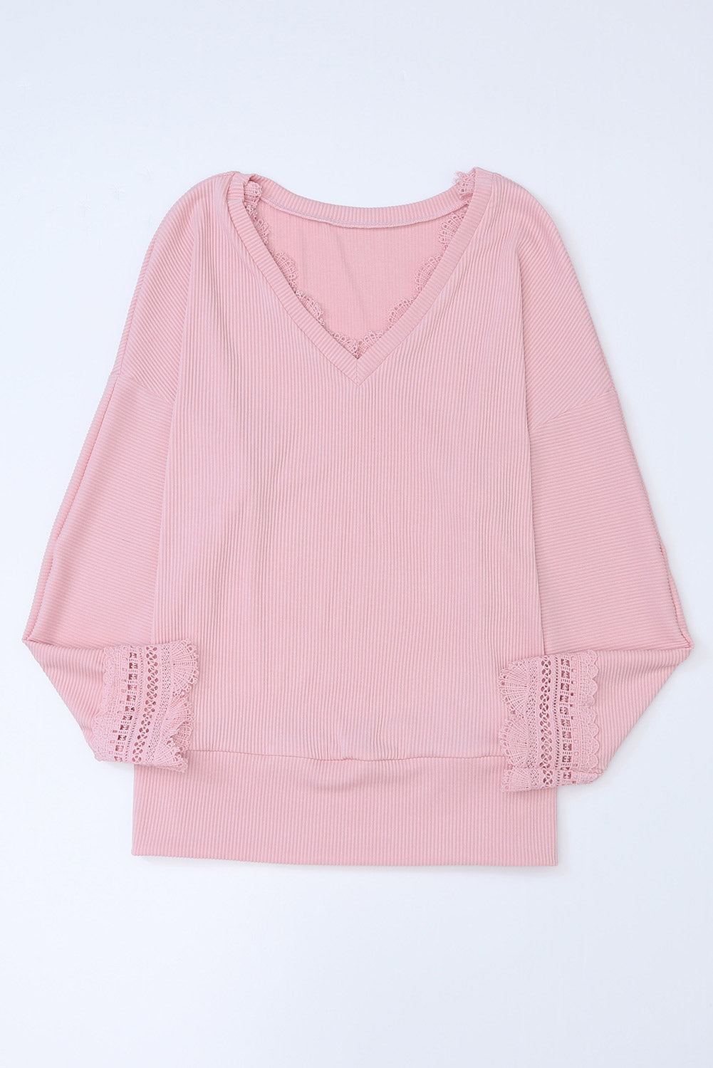 Lace Detail V-Neck Long Sleeve T-Shirt-Angel Casuals