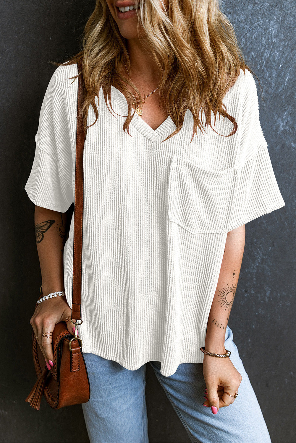 Textured V-Neck Dropped Shoulder T-Shirt-Angel Casuals