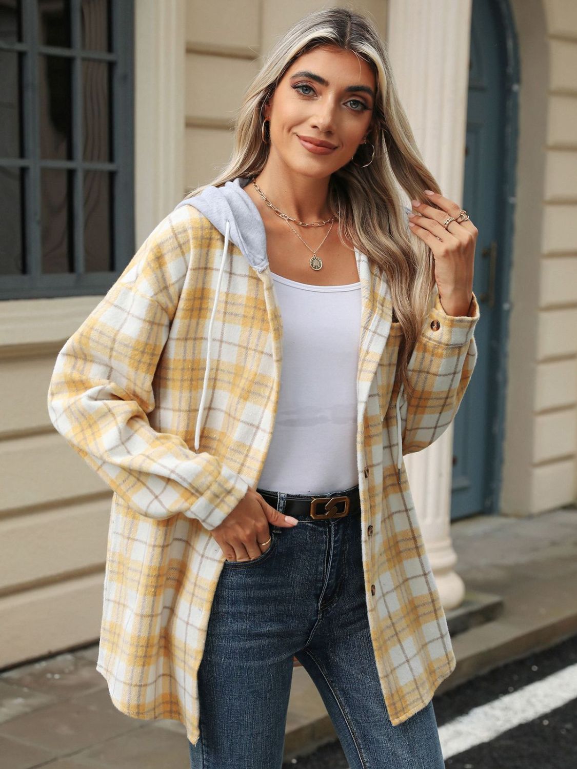 Drawstring Plaid Button Up Hooded Jacket-Angel Casuals