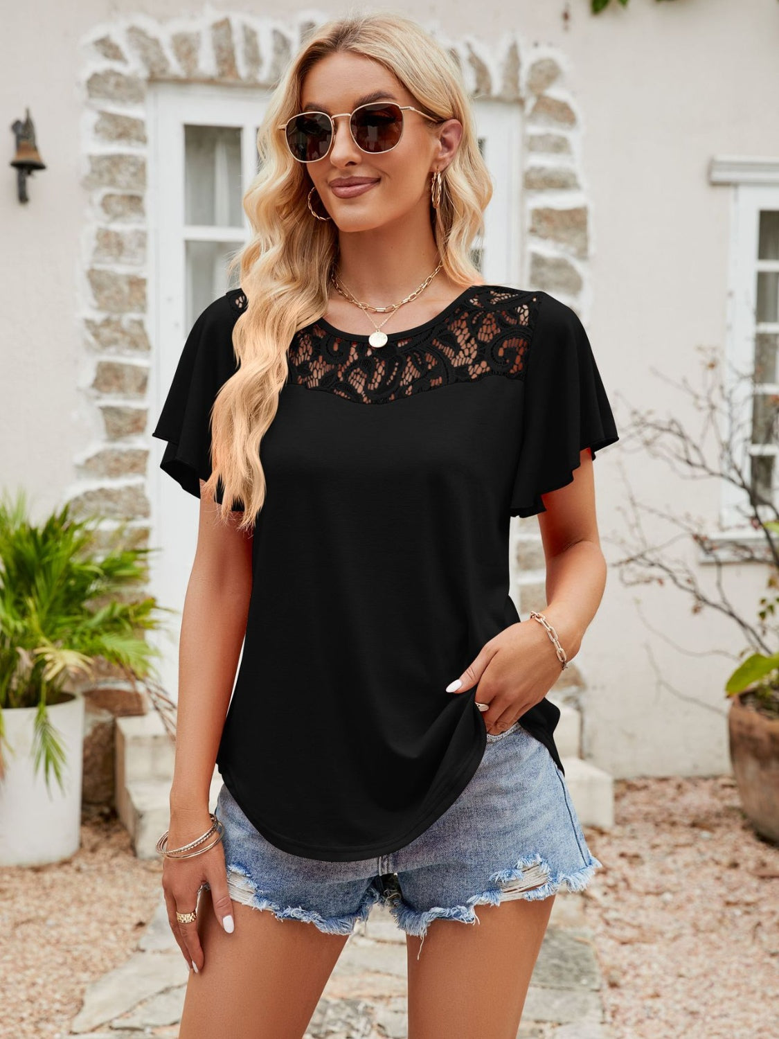 Lace Detail Round Neck Short Sleeve T-Shirt-Angel Casuals