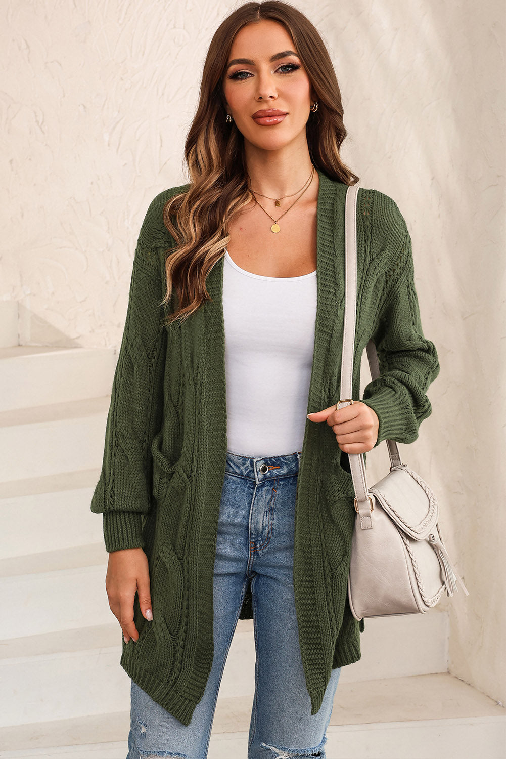 Cable-Knit Dropped Shoulder Slit Cardigan-Angel Casuals