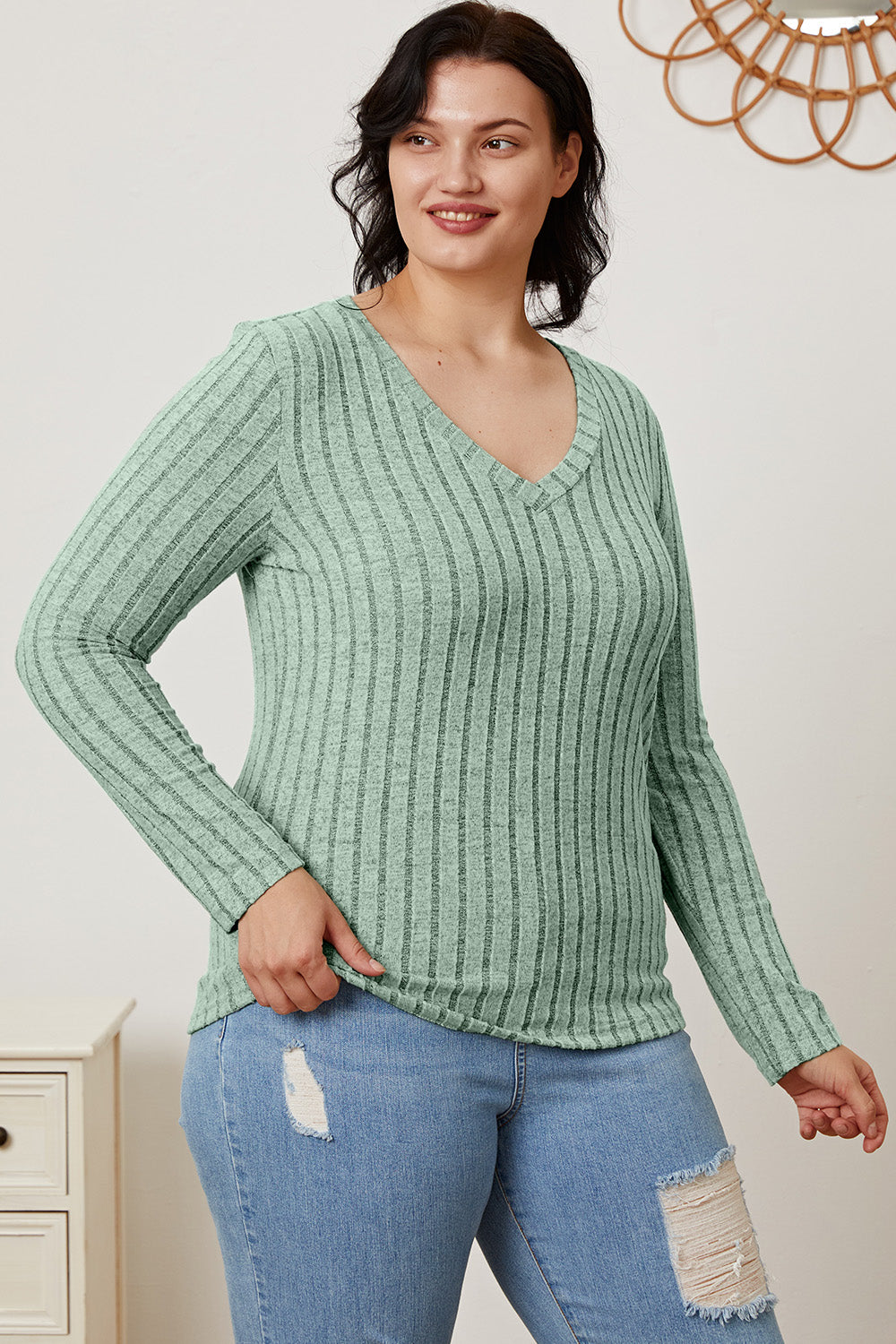 Basic Bae Full Size Ribbed V-Neck Long Sleeve T-Shirt-Angel Casuals