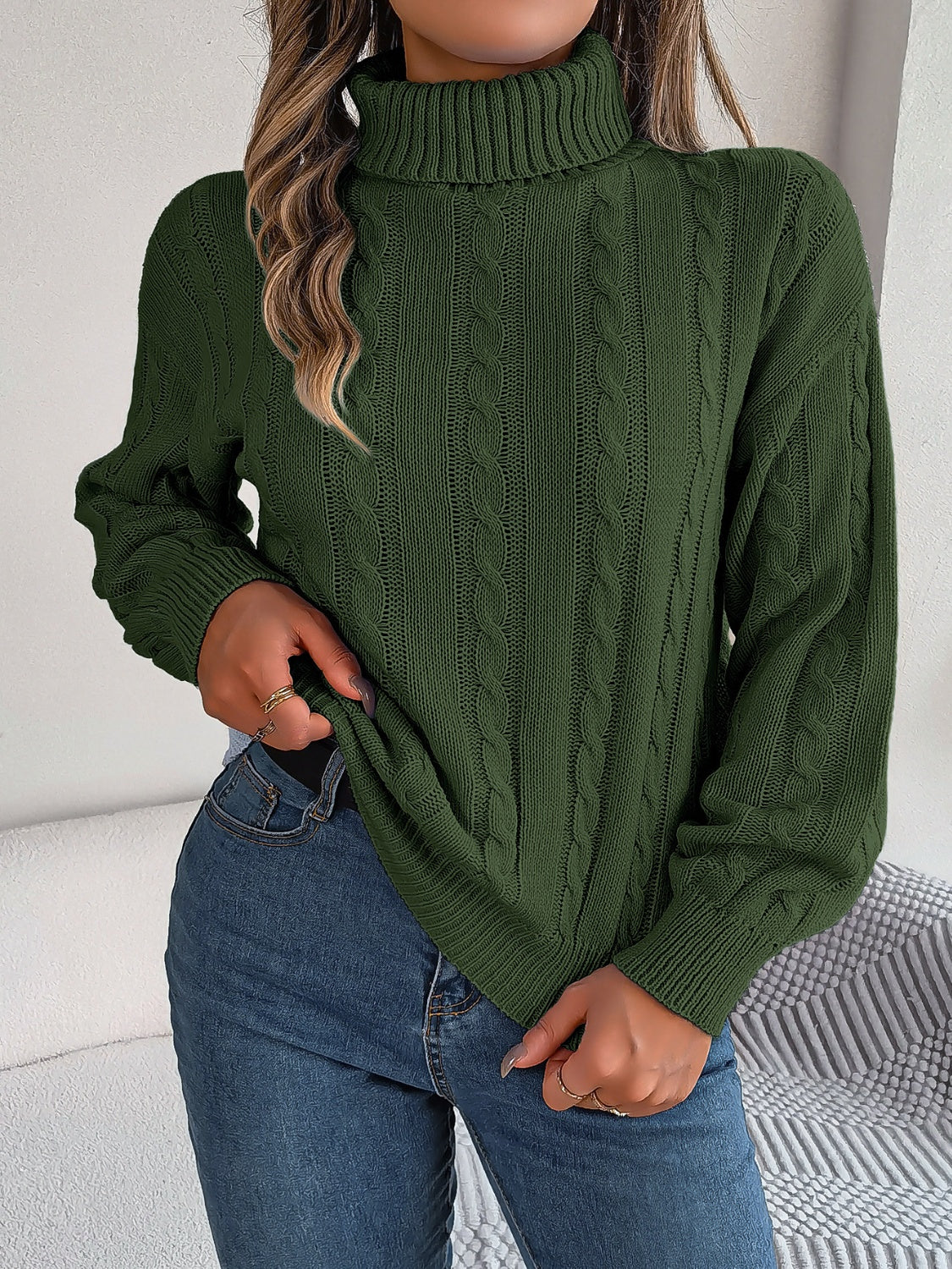 Cable-Knit Turtleneck Dropped Shoulder Sweater-Angel Casuals