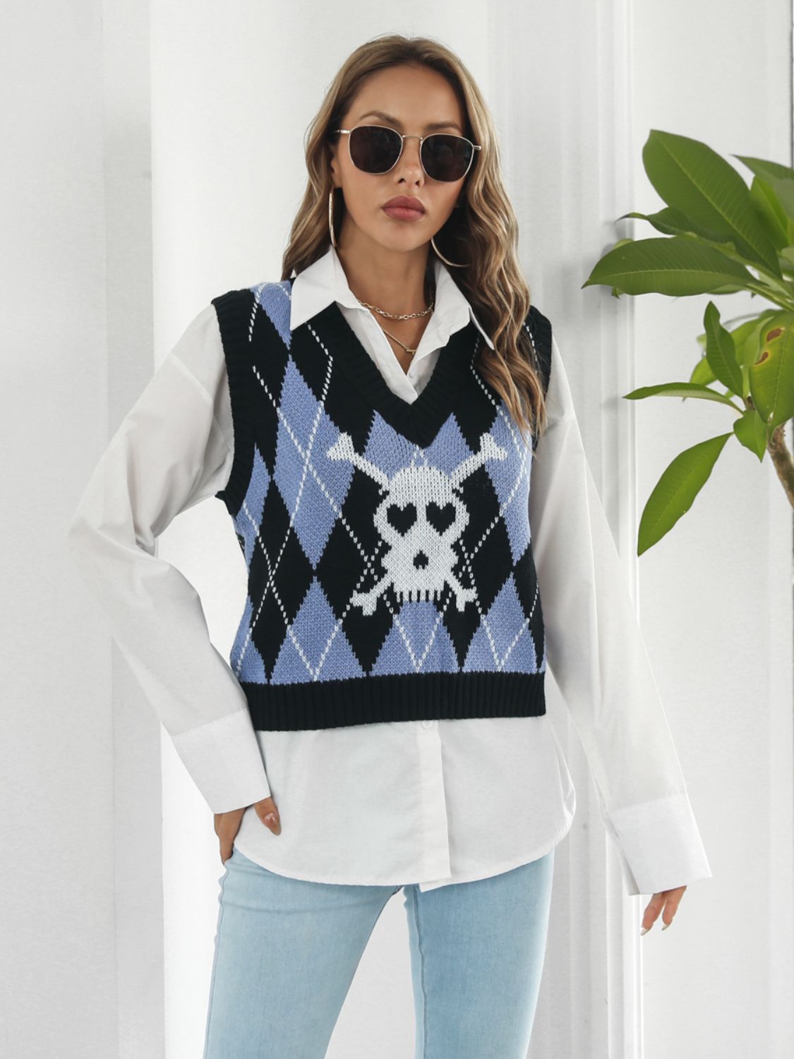 Skull Geometric V-Neck Sweater Vest-Angel Casuals
