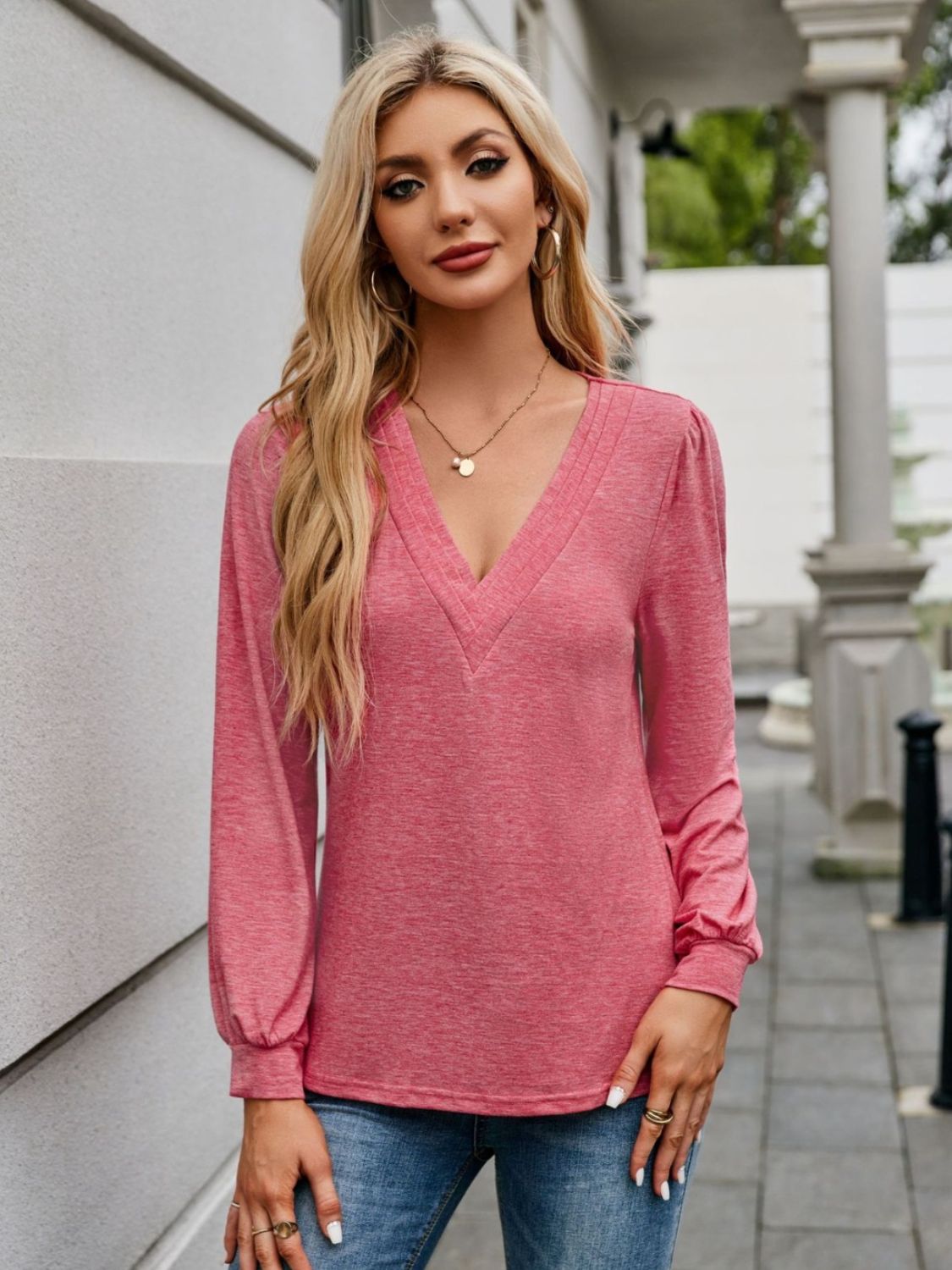 V-Neck Long Sleeve T-Shirt-Angel Casuals