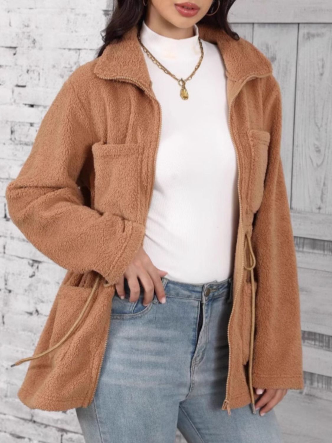 Drawstring Zip Up Long Sleeve Outerwear-Angel Casuals