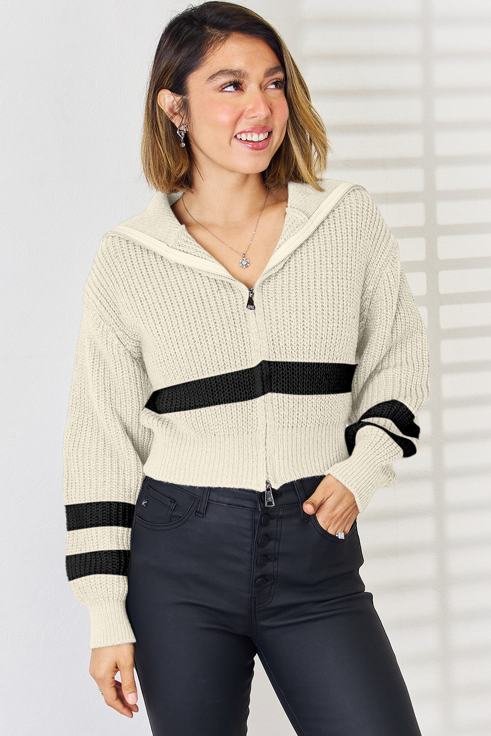 Striped Zip Up Dropped Shoulder Cardigan-Angel Casuals
