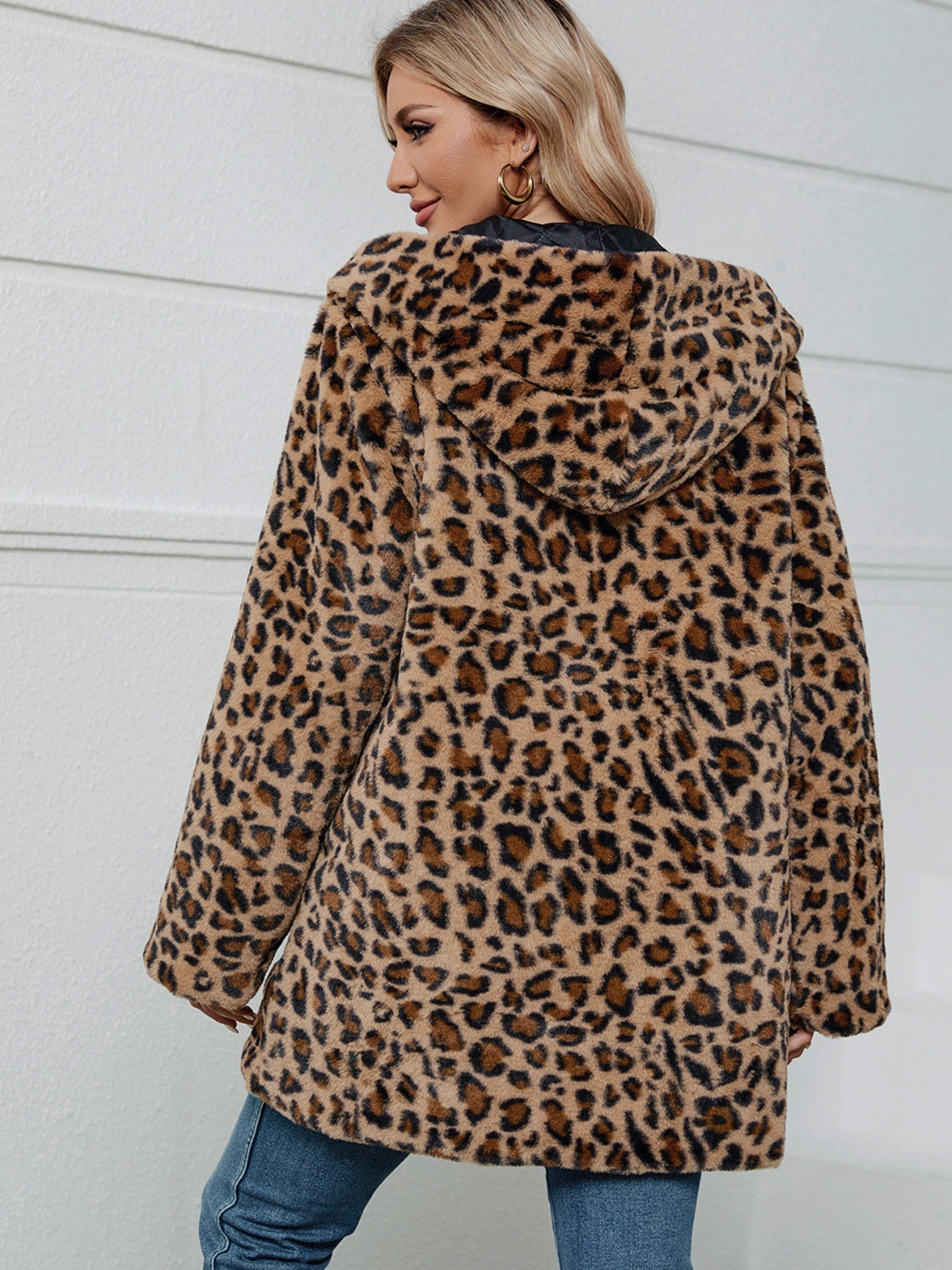 Fuzzy Leopard Hooded Long Sleeve Jacket-Angel Casuals