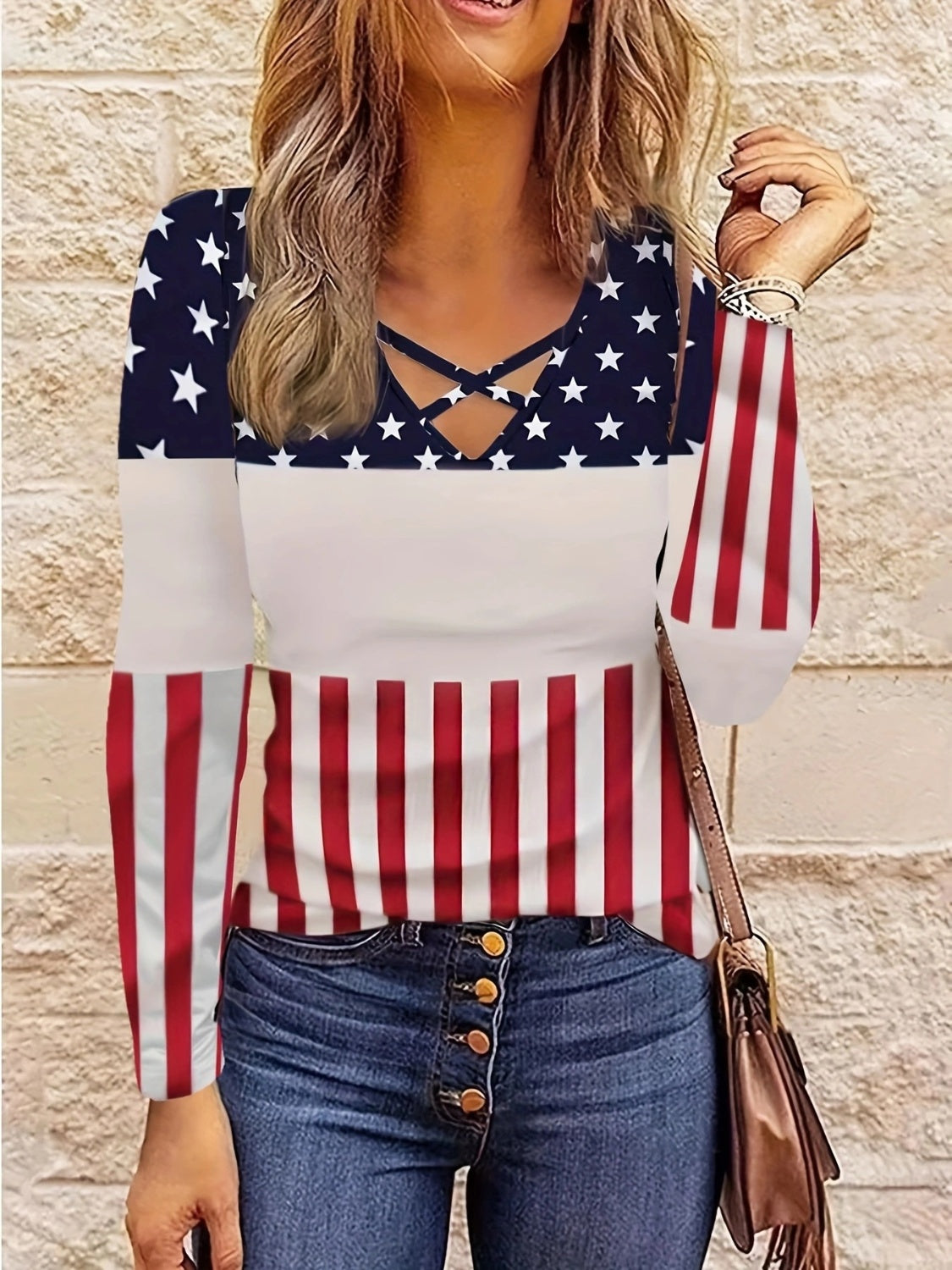 Crisscross Color Block Long Sleeve T-Shirt-Angel Casuals