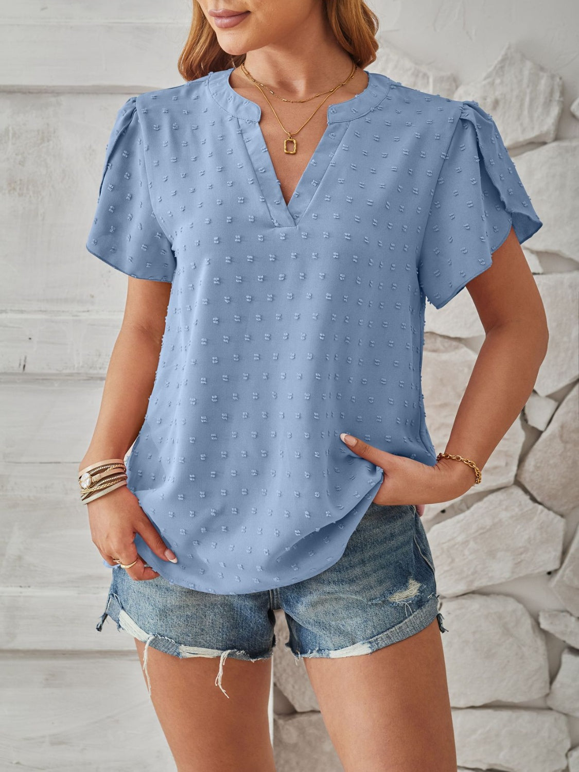 Swiss Dot Notched Petal Sleeve T-Shirt-Angel Casuals