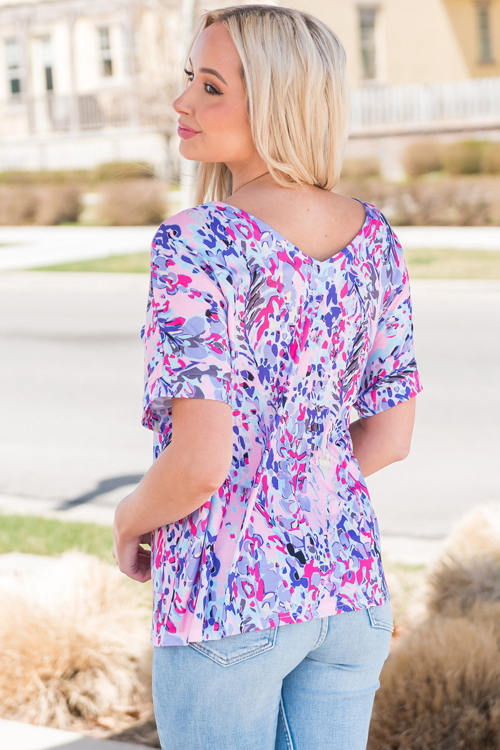 Printed V-Neck Short Sleeve T-Shirt-Angel Casuals