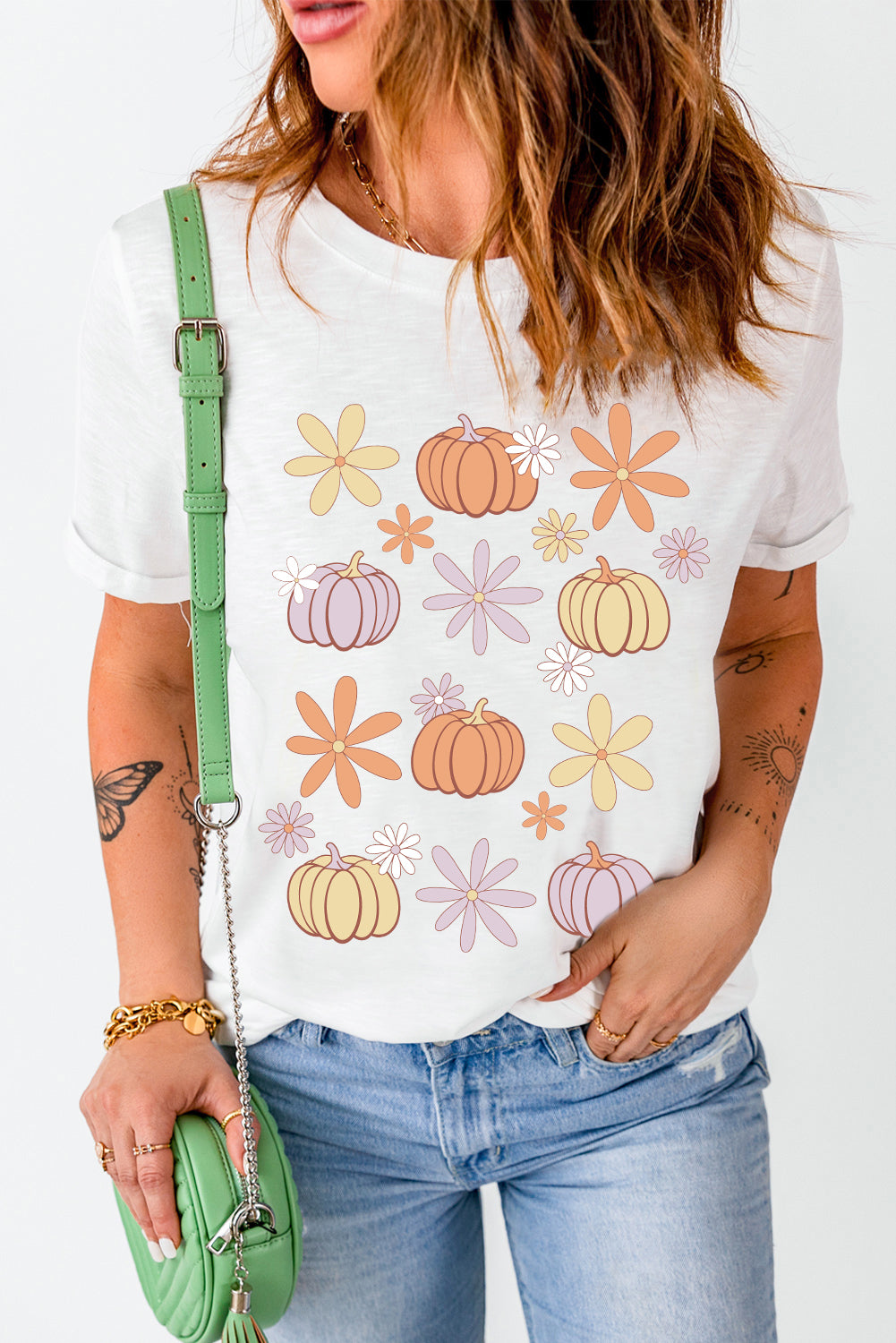 Pumpkin & Flower Round Neck Short Sleeve T-Shirt-Angel Casuals