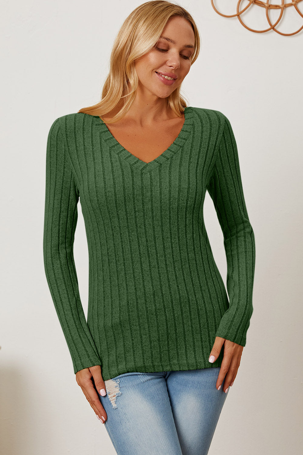 Basic Bae Full Size Ribbed V-Neck Long Sleeve T-Shirt-Angel Casuals