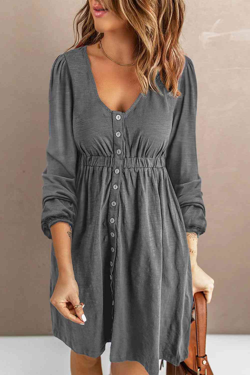 Scoop Neck Empire Waist Long Sleeve Mini Dress-Angel Casuals