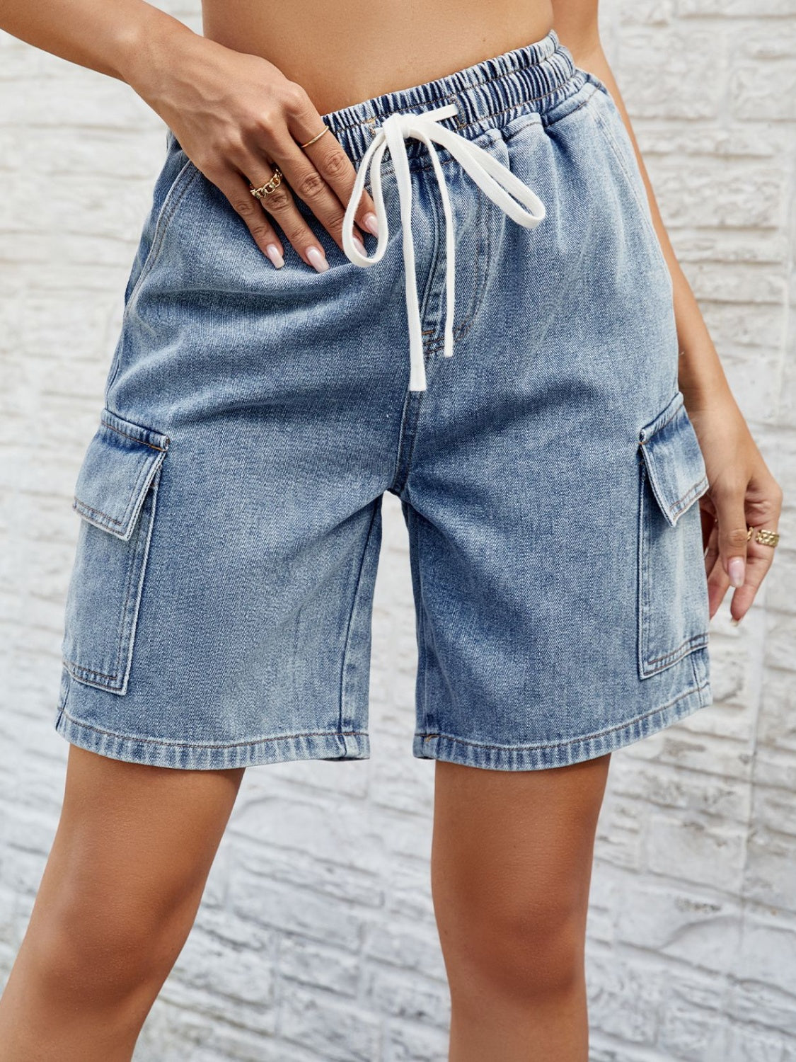 Drawstring Denim Shorts with Pockets-Angel Casuals