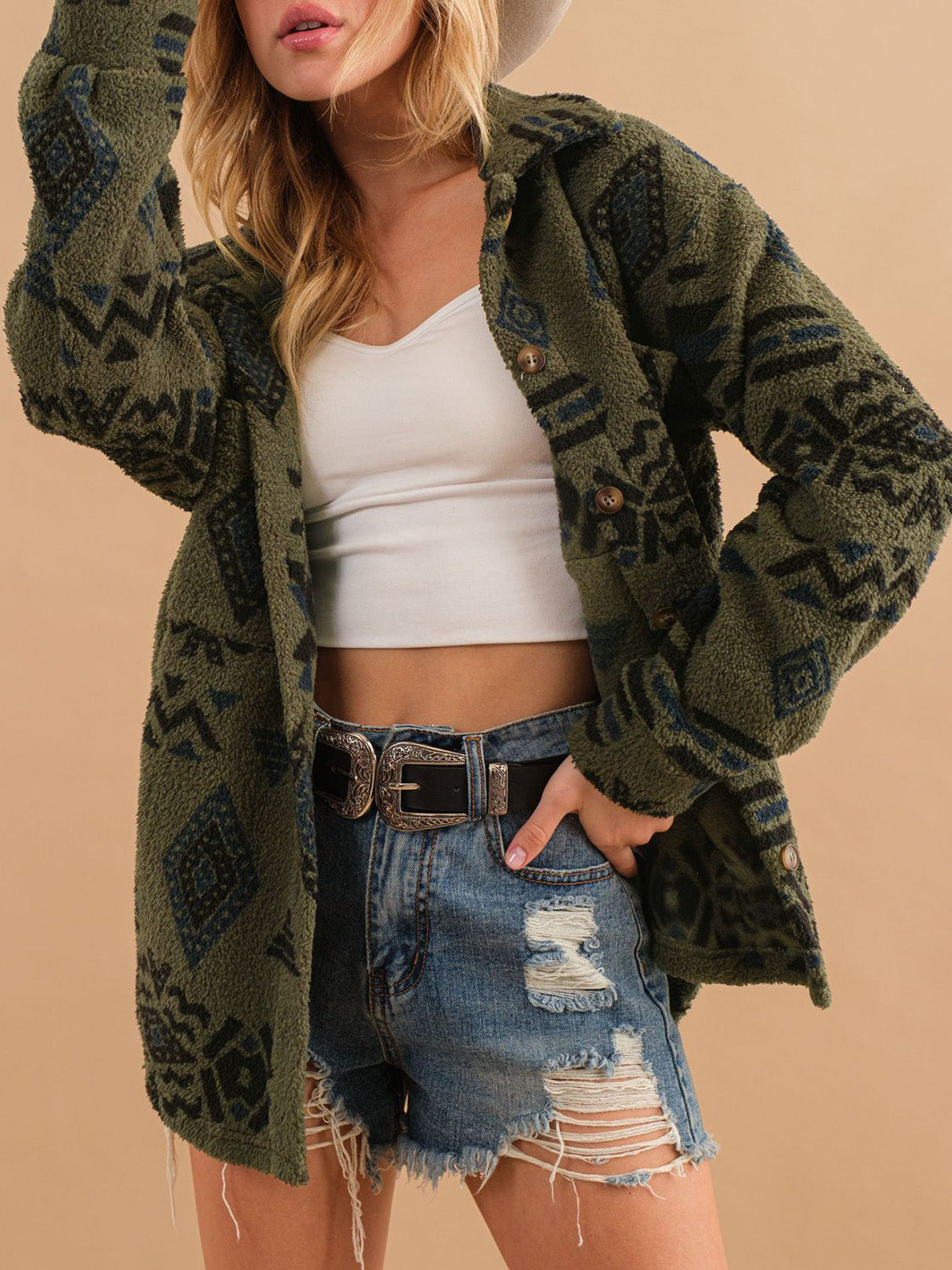 Geometric Button Up Long Sleeve Sherpa Jacket-Angel Casuals
