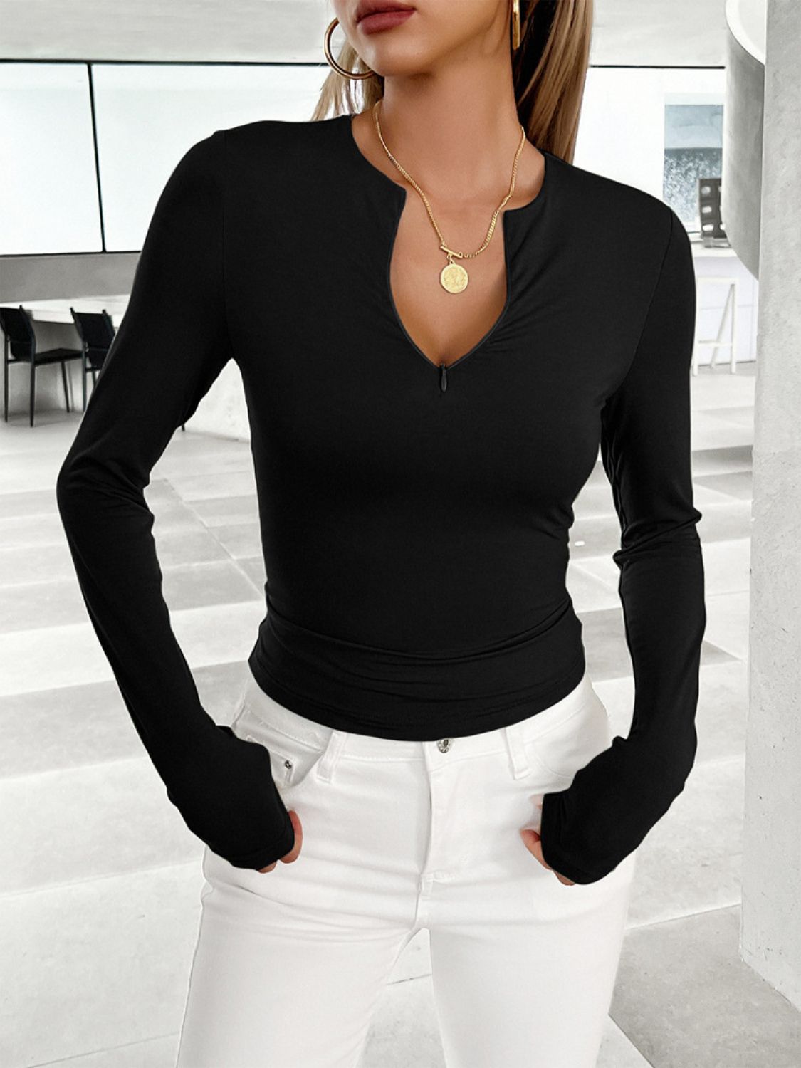 Devine Notched Long Sleeve T-Shirt-Angel Casuals