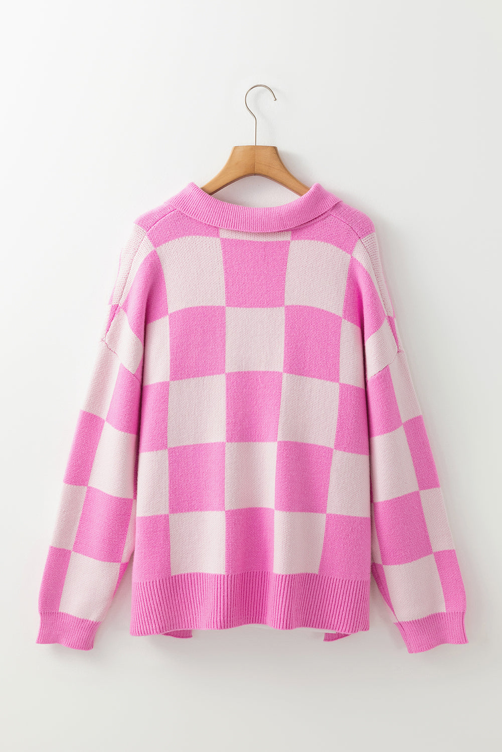 Slit Checkered Half Button Long Sleeve Sweater-Angel Casuals
